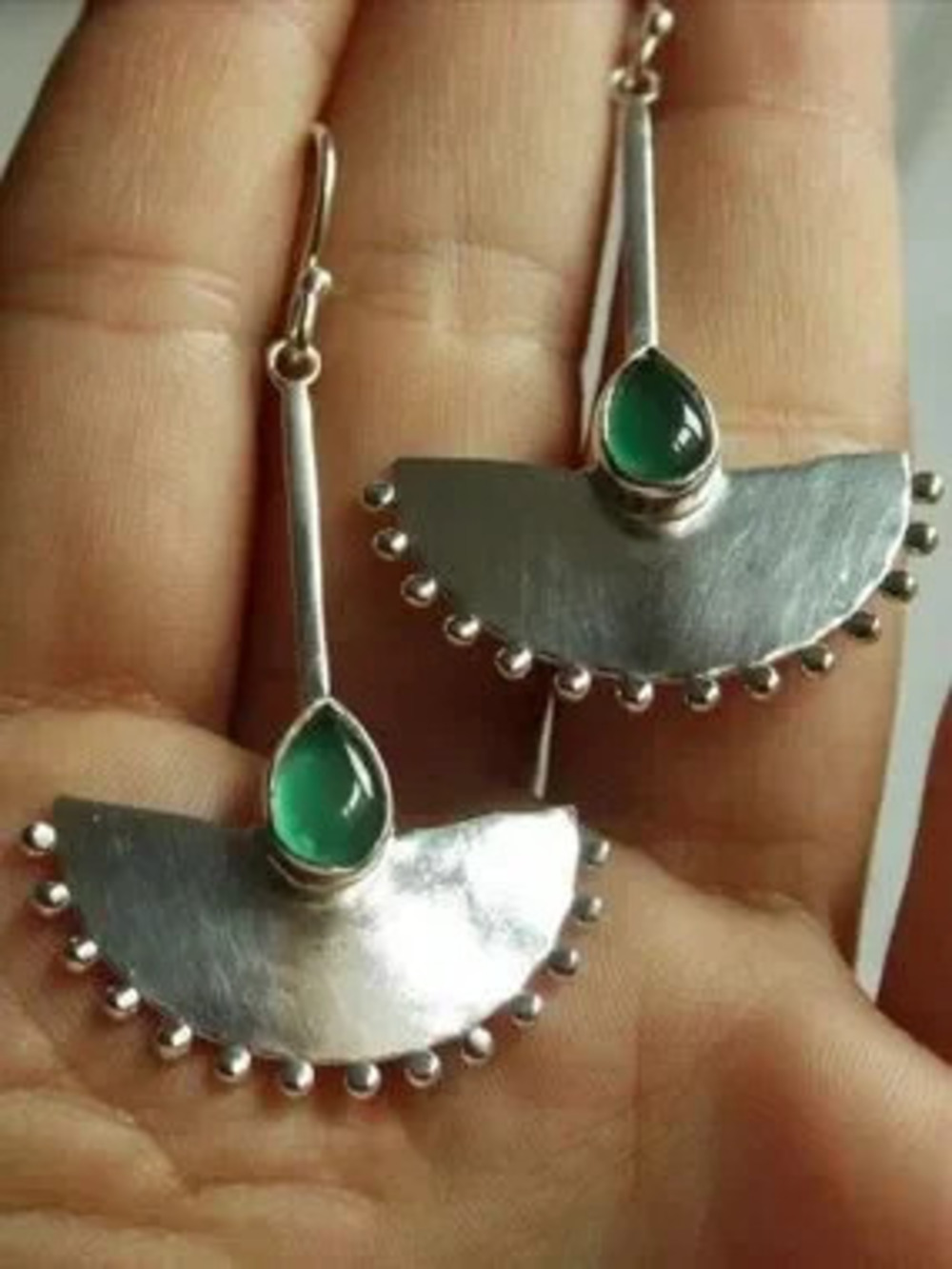 Vintage Silver Dangle Earrings with Green Teardrop Stones